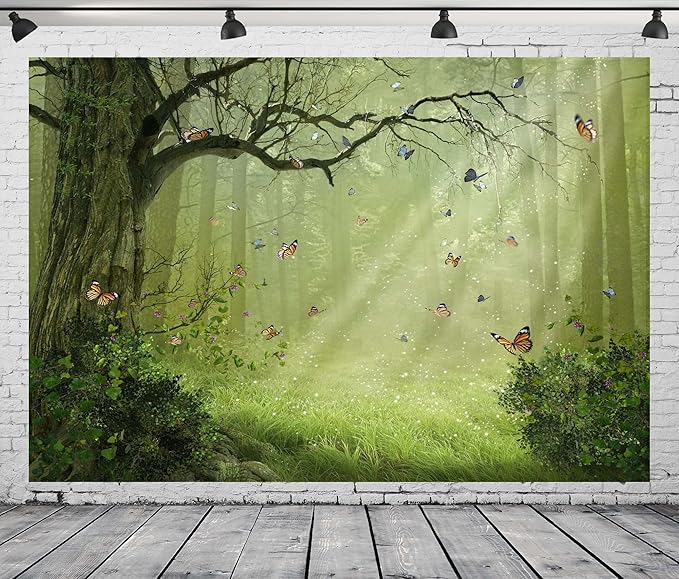 BELECO Fairy Tale Forest Backdrop 15x8ft Fabric Jungle Forest Sunsine Butterflies Background Enchanted Forest Nature Woodland Backdrop Baby Shower Birthday Party Decor Banner Kids Adults Photoshoot