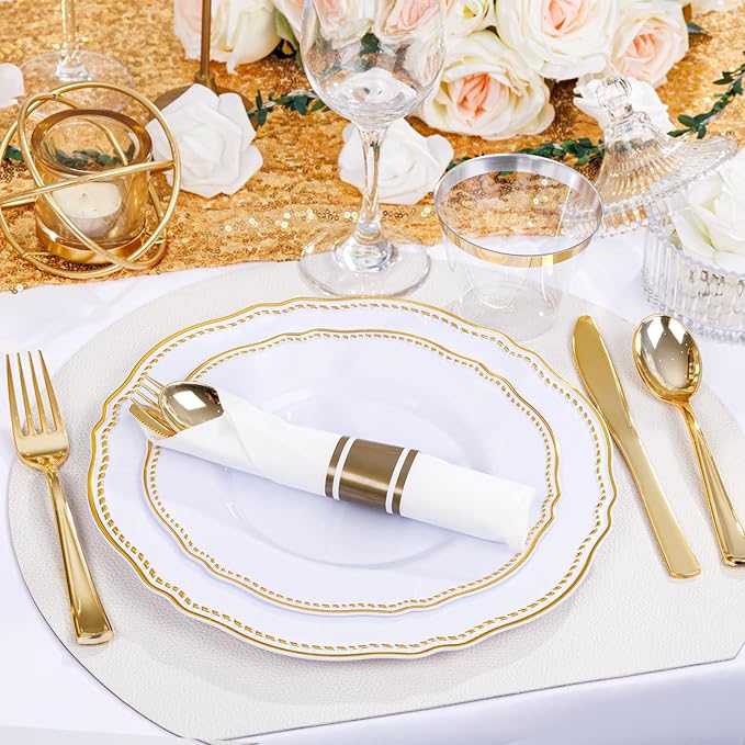 Hioasis 350pcs White and Gold Plastic Plates - Gold Plastic Dinnerware Set Includes 50 Dinner Plates, 50 Dessert Dinnerware, 50 Cups, 50 Rolled Napkin Cutlery Perfect for Wedding & Party