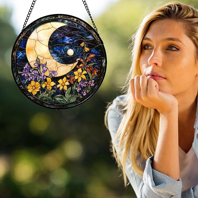 Stained Glass Window Hanging - Blue Night Sky Moon Suncatcher for Door Terrace Garden Home Decor Wildflowers Sun Catcher Birthday Gifts for Lovers Women Men Dad Mom Nana 11.8 in