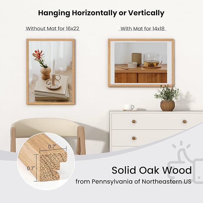 Axeman 16x22 Picture frame with mat for 14x18, Tempered Glass and Hanging Hardware Included Natural Oak Home Decor Art Hanging Frame, Natural Oak