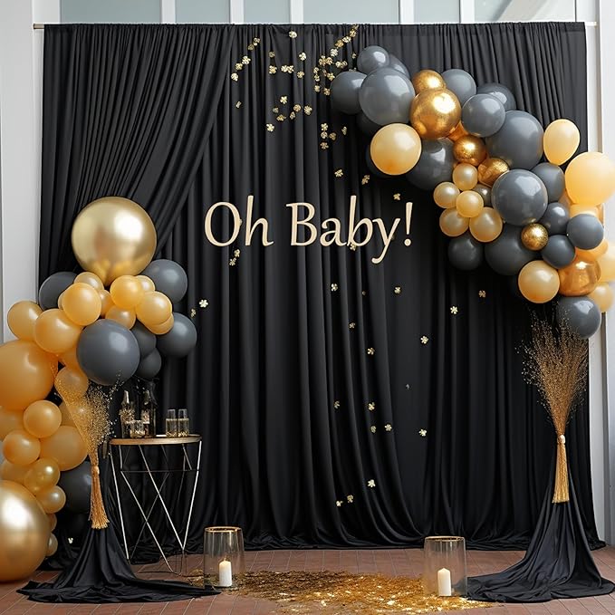 50ft x 10ft Wrinkle Free Black Backdrop Curtain for Parties, 10 Panels Silky Polyester Black Weddings Drapes for Backdrop 10 ft Photo Back Drop Cloth for Birthday Graduation Photography Background
