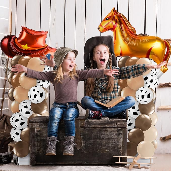 Kasyat 2 Sets Cowboy Birthday Party Balloon Column Stand Kit Western Party Decorations, Hat and Horse Foil Balloons Adjustable Stands for My First Rodeo Decorations Boy