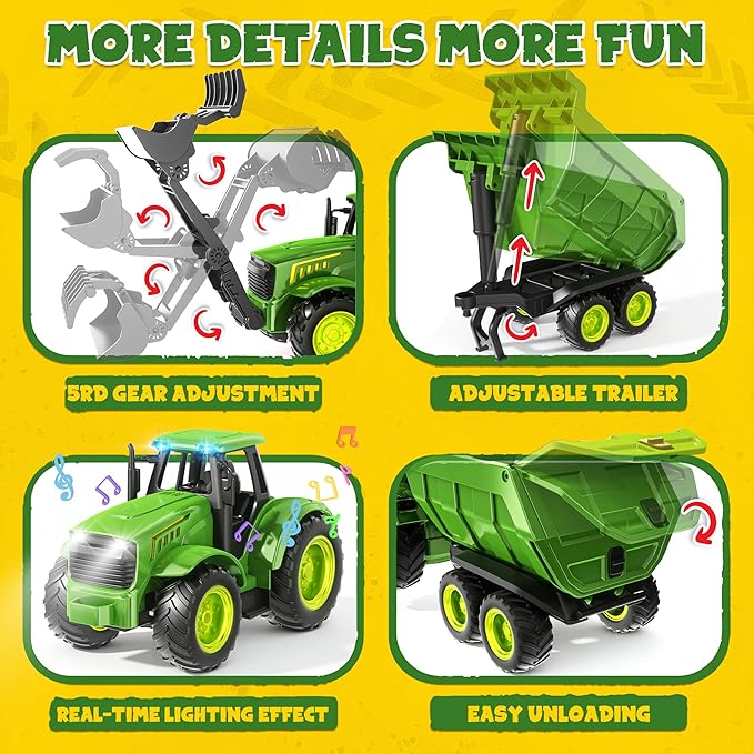 Funwee RC Farm Tractor Toy w/Light & Music, Kid Truck Toy w/Front Loader & Farm Animal, 2.4GHz RC Tractor Trailer Car Vehicle Toy for Boy Girl Age 3 4 5 6 7+ Year Old Christmas Birthday Gift (Green)
