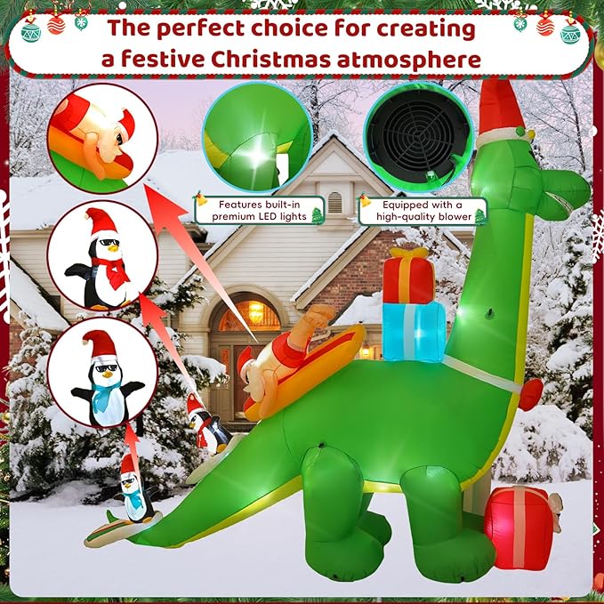 13FT Dinosaur and Santa Surfing Outdoor Inflatable Decoration with LED Lights, Suitable for Christmas Yard and Lawn Decorations