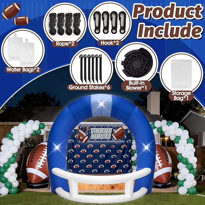 8FT Blue and White Football Helmet Inflatable Arch with Game Day Banner, Giant Outdoor Blow Up Football Helmet with Built-in 3 LED Lights for Football Themed Birthday Party Lawn Yard Decoration
