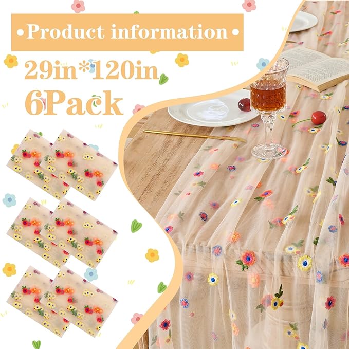 6PCS Champagne Floral Table Runner 10 FT, Embroidery Daisy Table Runners Seasonal Spring Summer Sheer Tulle Dining Table Decor for Home Party Birthday Decor 29x120 Inch ﻿
