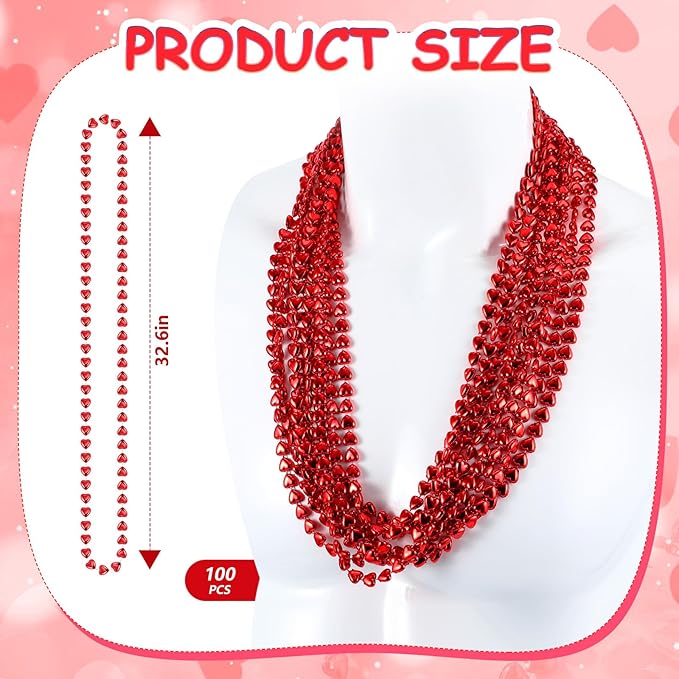 Cunno 100 Pcs Red Heart Bead Necklace Valentine's Day Party Necklace Valentine's Day Accessories Heart Beads Trinkets for Bachelorette Party Supplies