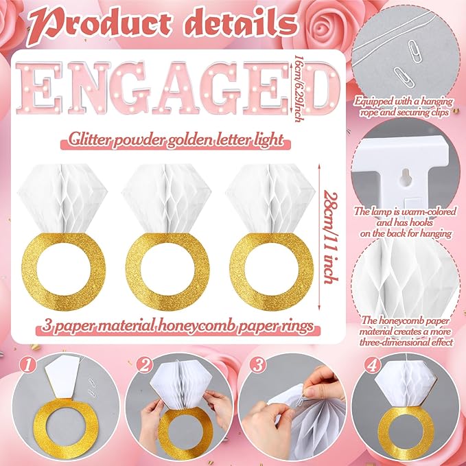10 Pcs Engagement Party Decorations Glitter Gold Honeycomb Engagement Ring Hanging Decorations Engaged LED Letter Lights Table Decoration for Bachelorette Wedding Anniversary Party Decor