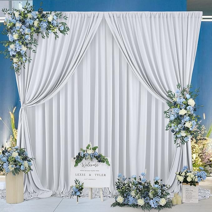 40 ft x 10 ft Wrinkle Free Silver Backdrop Curtain for Parties, Polyester Silver Grey Backdrop Drapes 8 Panels 5x10ft for Baby Shower Photoshoot Engagement Wedding Birthday Photography Background