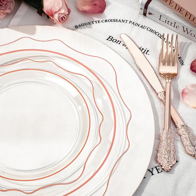 350 PCS Clear and Rose Gold Plastic Plates, Rose Gold Disposable Plates for 50 Guests, Includes 100 Disposable Plates, 50 Cups, 150 Silverwares, and 50 Napkins for Party, Wedding