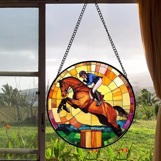 Stained Glass Window Hanging Equestrian Sports Large 15" - Horse Suncatcher Door Garden Sunroom Sun Catcher Home Decor Birthday Christmas for Mom Men Woman Nana