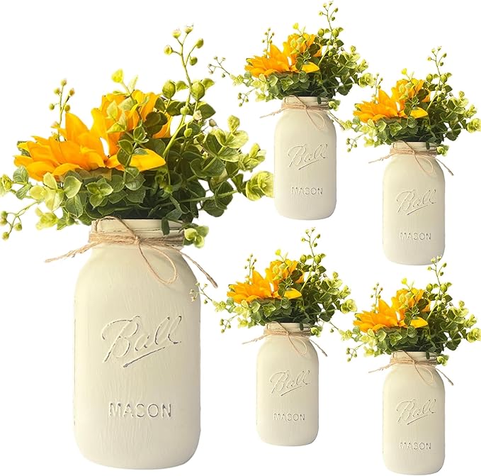 Sunflower Mason Jar Centerpieces - Sunflower Table Decor Centerpieces - Set of 5-32 oz Hand-Painted Mason Jars with Faux Sunflower Wedding Centerpieces (5 Ivory w/Greenery/Sunflower)