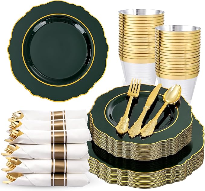 Liacere 175PCS Green Plastic Plates - Christmas Green Disposable With Gold Rim - 25Guest Baroque Plastic Dinnerware include 50Plates-25Pcs Pre Rolled Napkins with Silverware 25Cups for Christmas Day