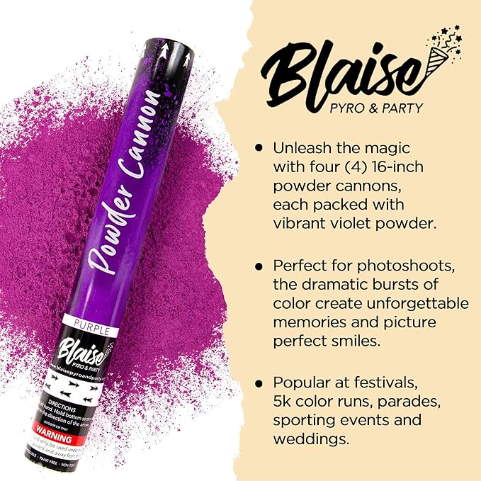 Blaise Pyro & Party - Purple Powder Poppers - Water-Soluble & Colorful Powder Cannons for Gender Reveals, Birthdays, Weddings & Celebrations - Easy to Use for Memorable Photos - 16-Inch, 4-Pack