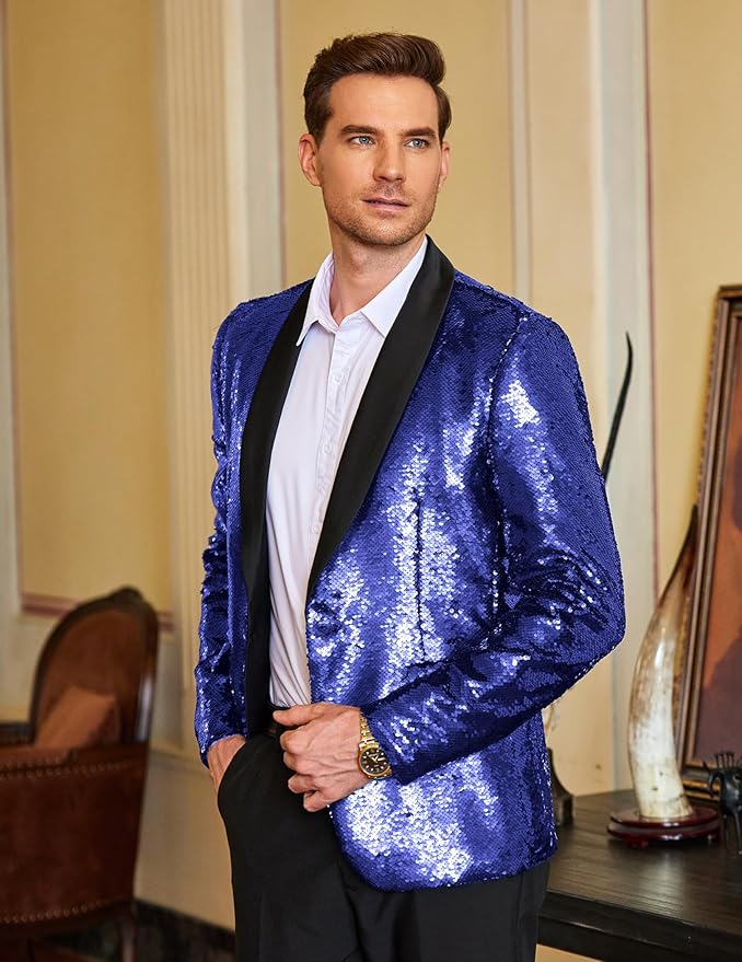 COOFANDY Mens Shiny Sequin Blazer Tuxedo Party Dinner Prom One Button Suit Jacket