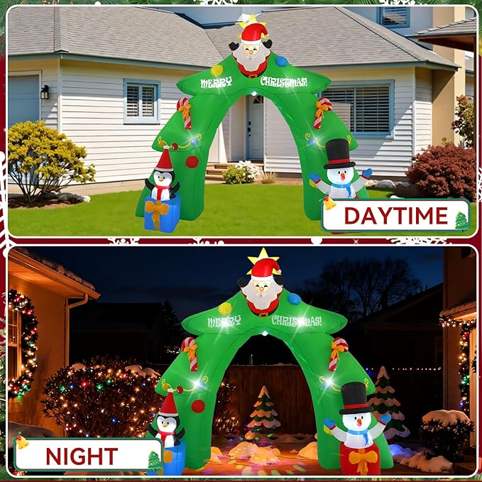 12 FT Santa's Candy Tree Arch Outdoor Inflatable with Rotating LED Colorful Lights for Christmas Holiday Party Decoration, Winter Garden Decoration