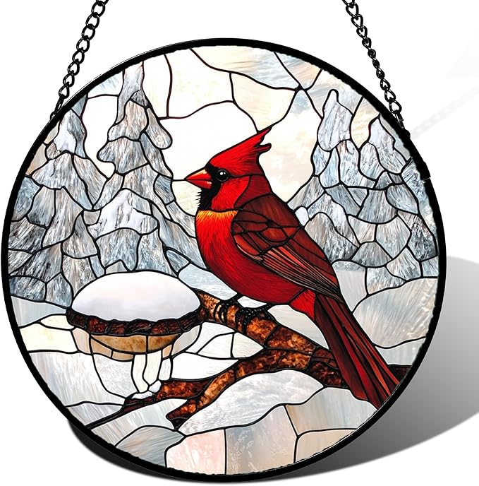 Stained Glass Window Hanging Cardinal Bird Winter Snow Scene Large 11.8" - Suncatcher Door Garden Sunroom Sun Catcher Home Decor Birthday Christmas for Mom Men Woman Nana