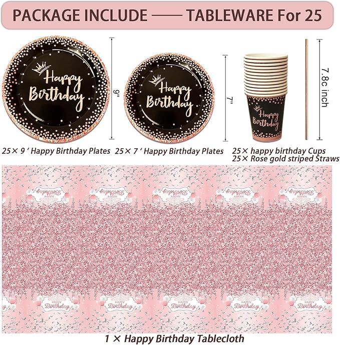 Birthday Decorations For Women, 229 Pcs Rose Gold and Black Happy Birthday Supplies - Disposable Dinnerware Set with 25 Guest, Balloons, Sash, Tiara, Banner, Fringe Curtain, Photo Booth Props