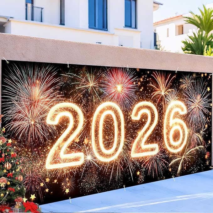 2026 New Year Garage Door Banner 7x16FT, Neon Glow 2026 Fireworks Garage Door Cover, Large Outdoor Happy New Year Decoration Backdrop for Garage Door, Fence, Yard, Party Photo Booth