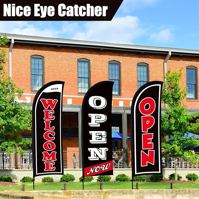 Buryeah 3 Sets Now Open Feather Flag Banner for Business Advertising 7 Feet Tall Grand Opening Feather Flag Sign with Fiberglass Pole Kit Rotating Ground Spike and Portable Bag (Black)