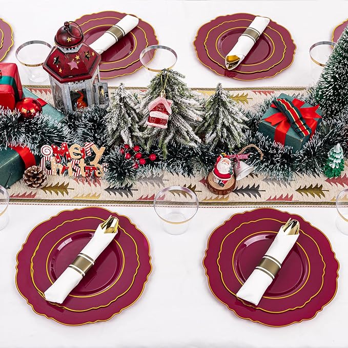 Liacere 350PCS Red Plastic Plates-Disposable Burgundy Red and Gold Plates 50guest Baroque Plastic Dinnerware include 100Plates, 50Pack Pre Rolled Napkins with Silverware 50Cups for Christmas