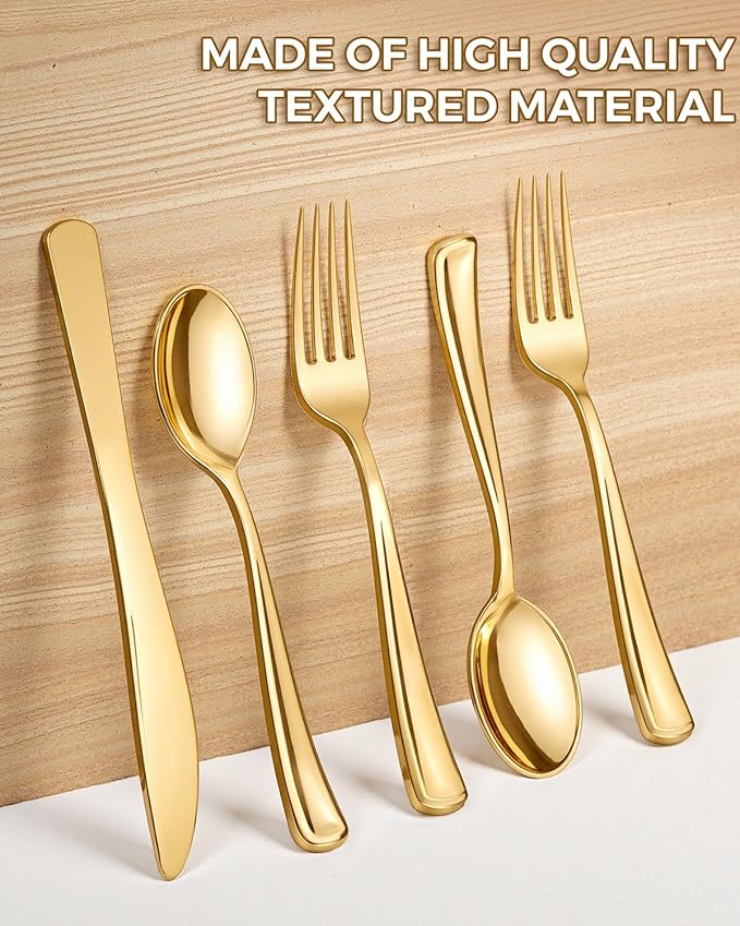 bUCLA 600 Pieces Gold Plastic Silverware - Disposable Gold Utensils - Heavy Duty Plastic Cutlery set- 200 Forks, 200 Spoons, 200 Knives for Party & Wedding