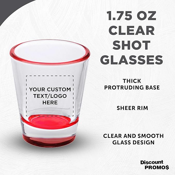 DISCOUNT PROMOS Custom Shot Glasses 1.75 oz. Set of 10/50/100, Personalized Bulk Pack - Great for Wedding Favors, Bachelorette Decorations, Party Favors - Red Bottom Color