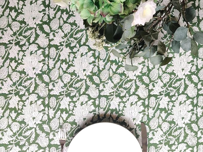 ATOSII Meraki Green 100% Cotton Fall Tablecloth, Handblock Print Rectangle Table Cover for Kitchen Dining Linen I Parties, Thanksgiving, Christmas, Wedding, Table Cloth I 72 X 108 Inches I 8 Seater