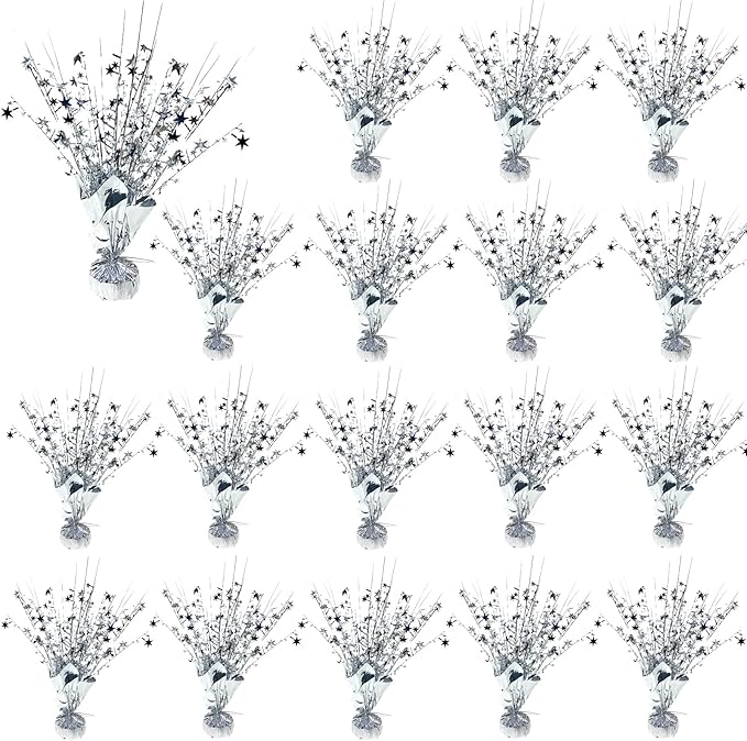 18 Pack Metallic Foil Spray Centerpiece Star Table Decoration Burst Glitter Tabletop Centerpieces for Birthday Christmas New Years Nye Wedding Graduation Holiday Party Supplies Decor, Silver