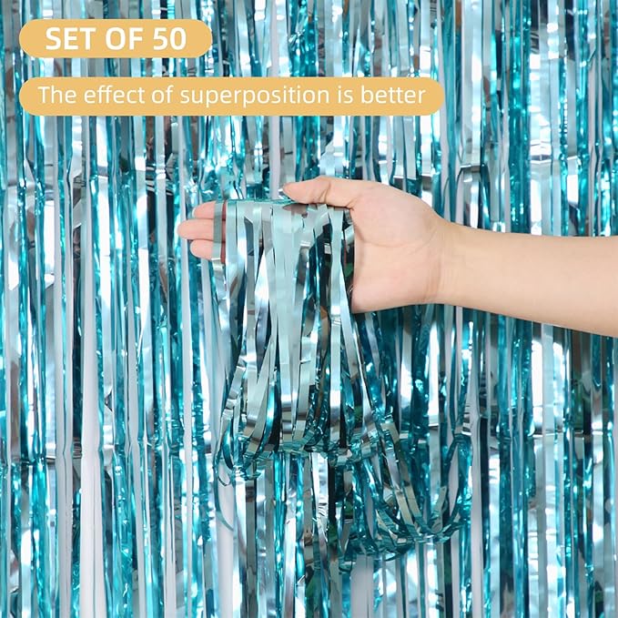 Blue Foil Fringe Curtains 50 Pack 3.2ft x 8.2ft Fringe Backdrop Curtains Metallic Tinsel Streamer Photo Backdrop for Birthday Party Decorations Halloween Christmas Party Supply (Light Blue)