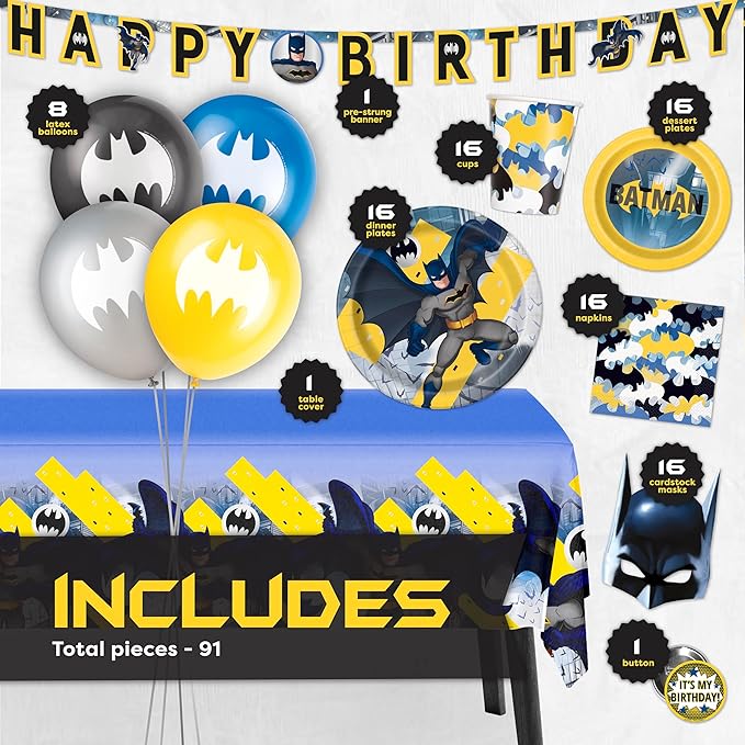 Batman Birthday Decorations and Party Supplies | Serves 16 Guests | Balloons, Banner, Table Cover, Masks, Plates, Cake Plates, Napkins, Cups, Button | Officially Licensed