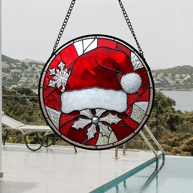 Stained Glass Window Hanging 4 Pcs Set Red Christmas Decorations Theme Large 15" - Suncatcher Door Garden Sun Catcher Decor Birthday for Mom Woman Nana Men Friend Wife