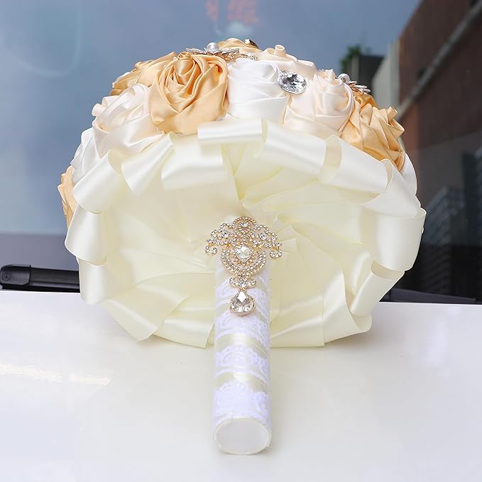 Handmade Wedding Bouquets for Bride Bridesmaid Brooch Artificial Holding Flower Tossing Bouquet(Khaki,Ivory/Apricot,19cm，1PC)