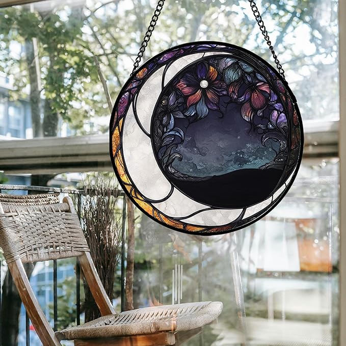 Stained Glass Window Hanging - Black and White Moon Sun Catcher for Door Terrace Garden Home Decor, Abstract Plant Flower Suncatcher Birthday Gifts for Lovers Women Men Dad Mom Nana 11.8 in