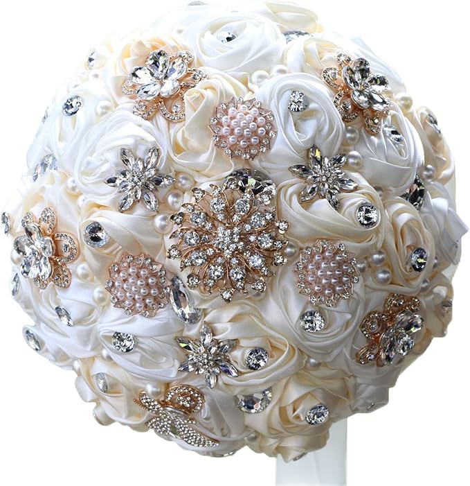 Handmade Wedding Bridal Bouquet with Bling Rhinestone Pearl Brooch Bouquet for Bride Bridesmaid Quinceanera Satin Rose Flower Wedding Bouquet Champagne and Ivory 7.5in