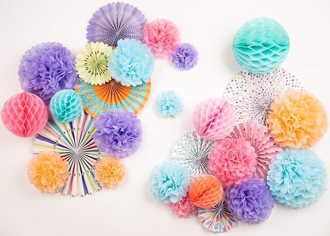 PapaKit Deluxe Origami Large Wall Decoration Set (Assorted Paper Fans & Pom-poms) Birthday Party Baby Shower Wedding Events Decor | Creative Art Design Pattern (Festive Colors, Deluxe 26 Piece Set)