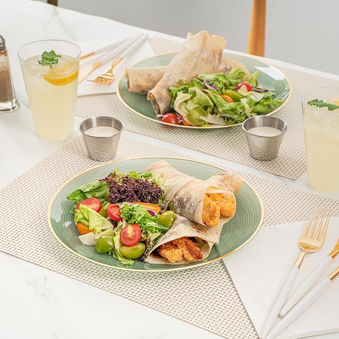 Restaurantware Plastic Plates 20 Pcs 10" Gold Rimmed Disposable Plates Heavy-Duty Green Translucent Rippled Plastic Dinner Servers for Party, Weddings, Salads, Desserts, and Appetizers