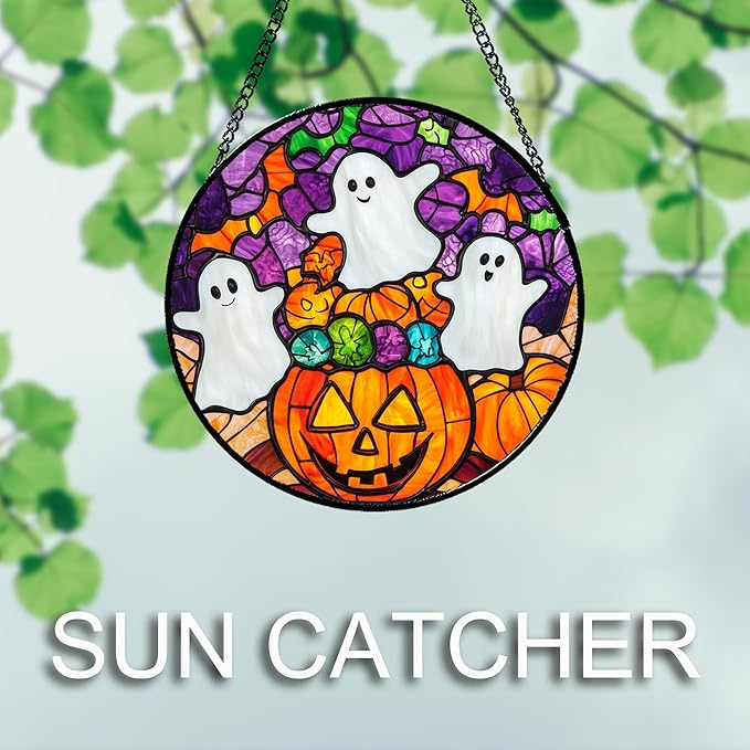 Stained Glass Window Hanging Halloween Horror Pumpkin White Ghost 11.8" - Suncatcher Door Garden Sunroom Gothic Style Sun Catcher Birthday for Friend Mom Men Woman Nana