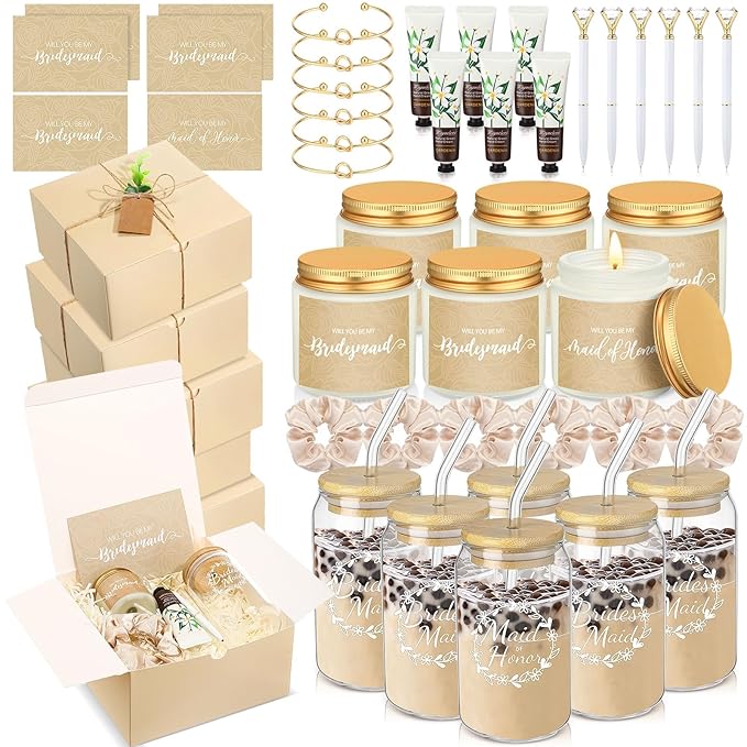 60 Pcs Bridesmaid Proposal Gifts Bridesmaid Box Set, Maid of Honor Gifts Include Box Glass Cup Candle Cards Scrunchies Hair Knotted Bracelets Hand Cream Diamond Pens (Light Gold)