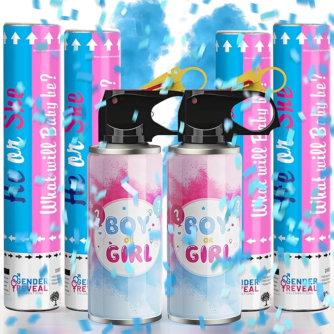 2 Pack Blue Gender Reveal Fire Extinguishers with 4 Pack Blue Confetti Cannons for Baby Boy Gender Reveal Party