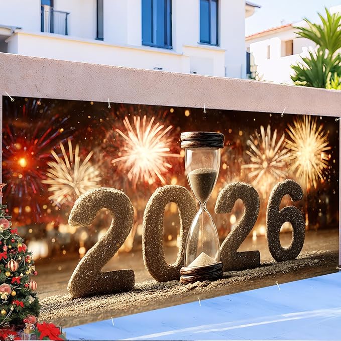 Happy New Year 2026 Garage Door Banner 7x16FT, Hourglass Countdown 2026 Garage Door Cover, Large Outdoor New Year Decoration Backdrop for Garage Doors, Fence, Yard, Party Photo Booth