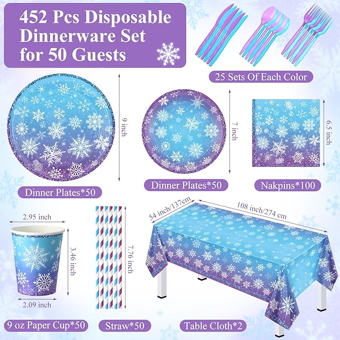 452 Pcs Winter Snowflake Party Decorations Purple Blue Wonderland Disposable Paper Plates Napkins Cups Tablecloth Cutlery Straws for Christmas Holiday Birthday Party Supplies