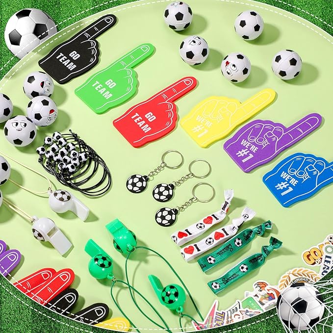 Maxdot 194 Pcs Soccer Party Favors 24 Set Soccer Goodie Foam Finger Mini Face StressBall Keychain Bracelet Wristband Whistle Sticker for Kids Birthday Party Supplies Gift