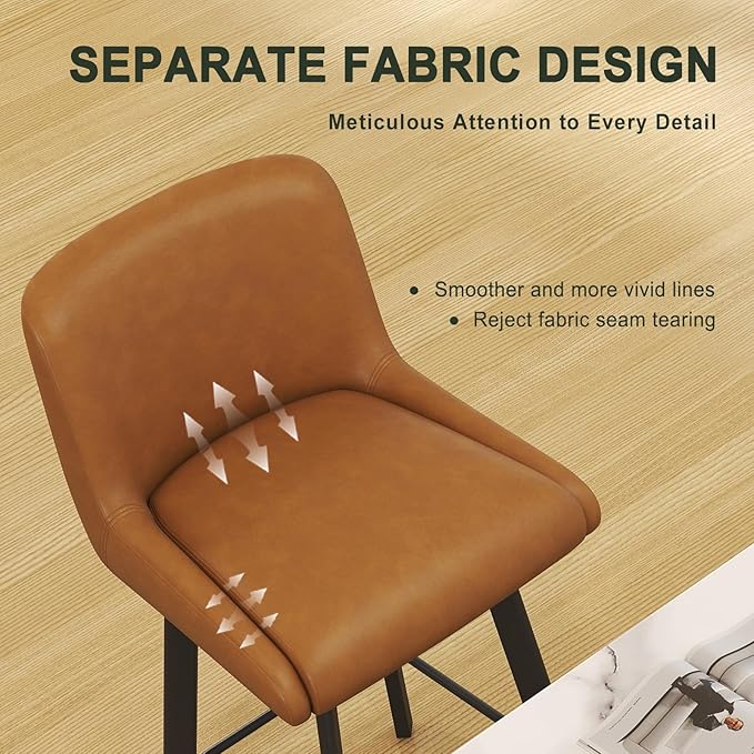 Swivel Counter Height Bar Stools Set of 3, 29''H Upholstered Barstools with Backs, Modern Bar Stool Chairs for Kitchen Island, Metal Legs, Faux Leather, Whiskey Brown Stools Counter Chair
