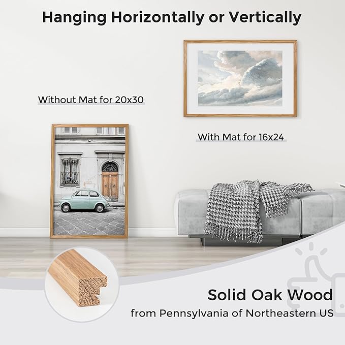 Axeman 20x30 Picture Frame with Mat for 16x24, Solid Oak Wood Poster Frame with Tempered Glass, Wooden 20''x30'' Minimalist Photo Frame with Wall Hooks Puzzle Frame for Art Photo and Prints, Natural