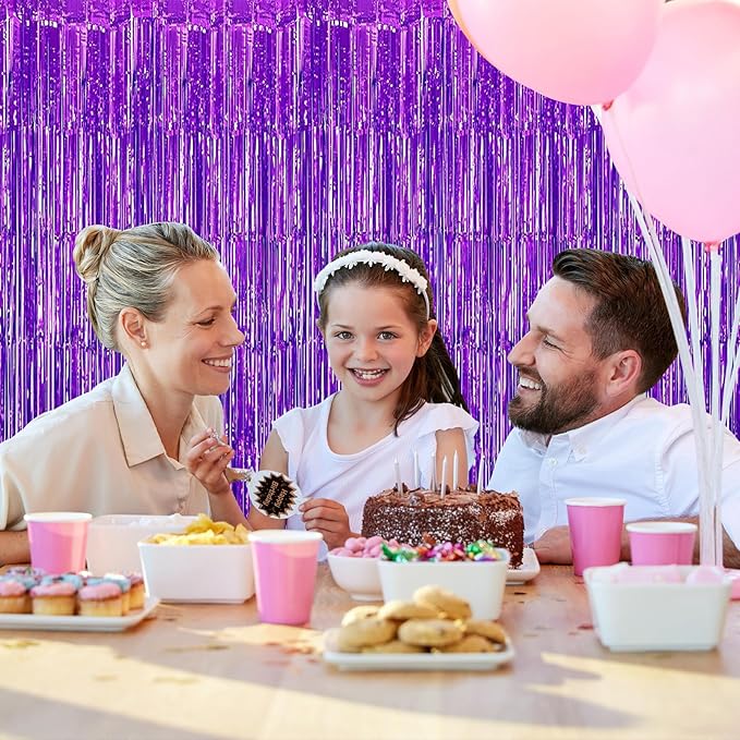 Purple Foil Fringe Curtains 50 Pack 3.2ft x 8.2ft Fringe Backdrop Curtains Metallic Tinsel Streamer Photo Backdrop for Birthday Party Decorations Halloween Christmas Party Supply (Purple)