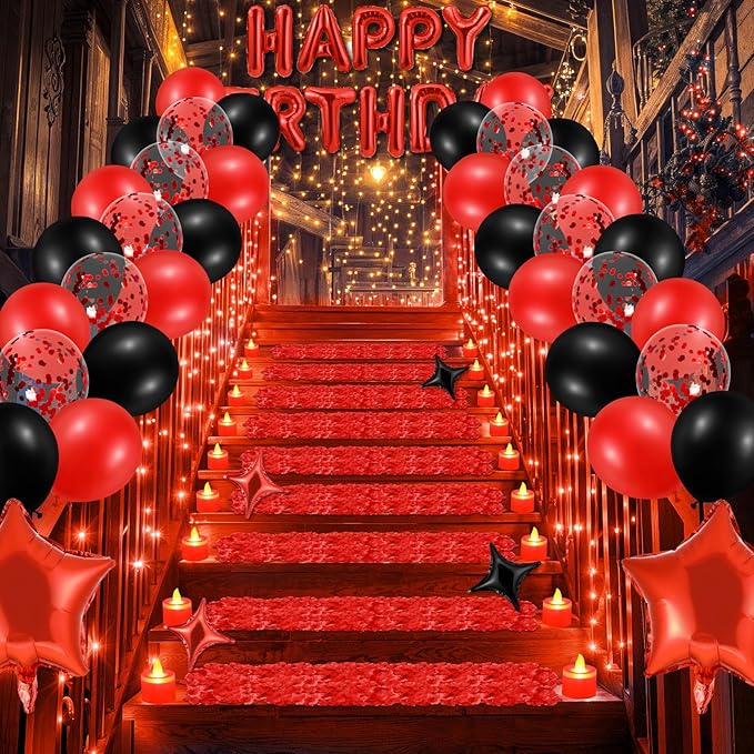 Red Happy Birthday Balloons Decorations Red and Black Birthday Balloon Letters Banner with 6 Pcs Star Balloons Red Artificial Rose Petals 24 Flameless LED Candles for Red Birthday Party Supplies