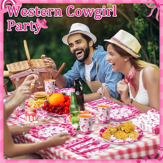 Pickmesh 400 Pcs Western Pink Cowgirl Party Plates and Napkin Decoration Disco Pink Coquette Bow Cowgirl Tableware Cups Knives for Western Wedding Birthday Bachelorette Party Supplies Serve 50