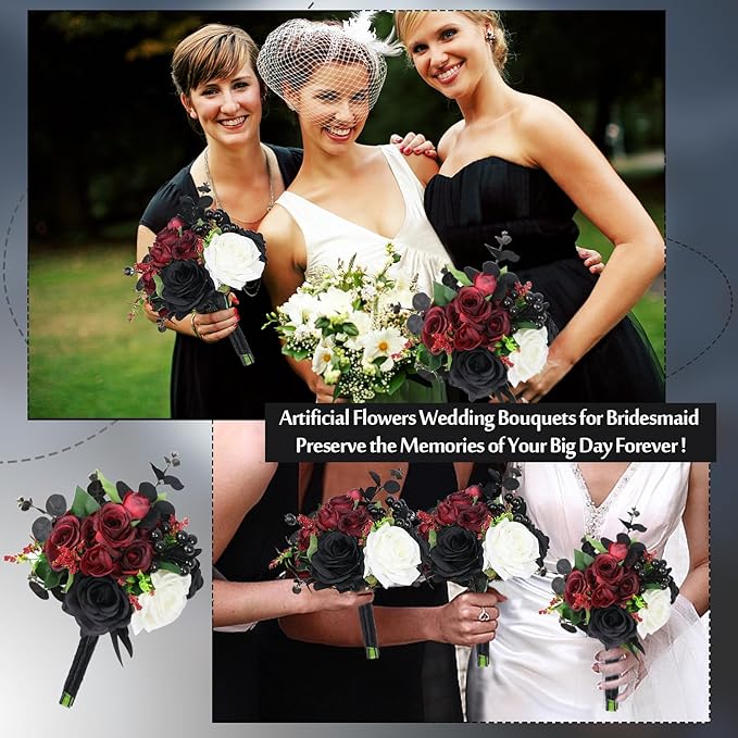 Bridesmaid Bouquets Set of 6 - Gothic Flowers Bouquet for Bridesmaids Halloween Marriage Proposal Party Ceremony Anniversary Dining Table Centerpiece Decor - Black and Red