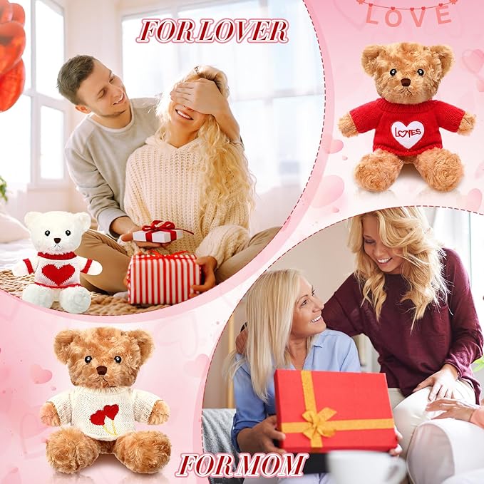 Hungdao 8 Pcs Valentines Bears Bulk 9.84 Inch Valentines Stuffed Animals Bulk Small Cute Plush Bears with Heart Clothes Valentine Gifts for Girlfriend Mother's Day Wedding Birthday Party(Cute Style)